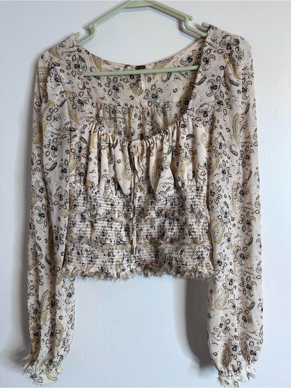 Free People Cream Floral Paisley Smocked Long-Sleeve Top